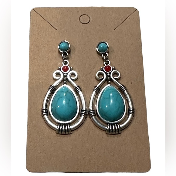 Silver and Turquoise Stone Drop Earrings - Picture 1 of 5